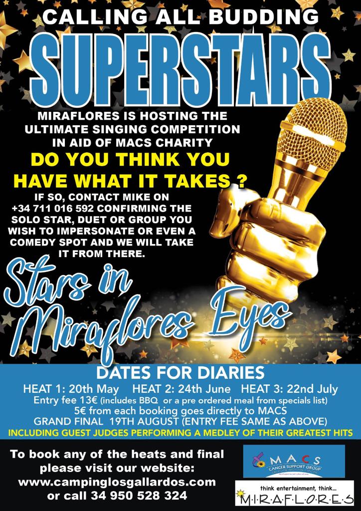 Get ready for the musical event of the year - "Stars in Miraflores Eyes" talent competition, held at Miraflores at Los Gallardos Leisure! Join us on May 20, June 24, and July 22 for three nights of amazing performances, and the grand finale on August 19, where the top performers will battle it out for the ultimate prize!